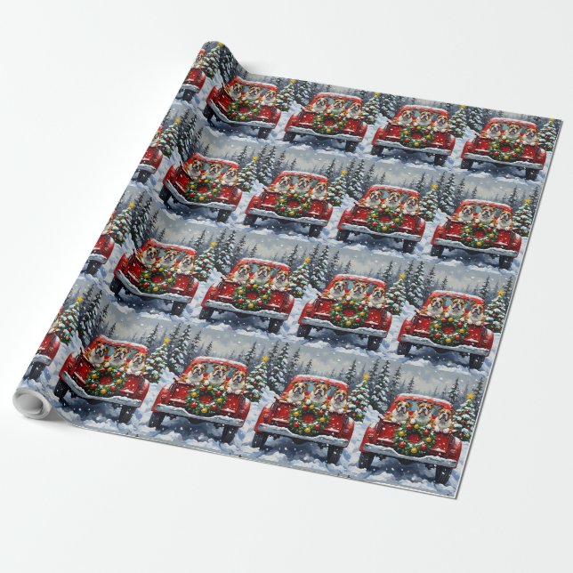 Bulldog Christmas Red Truck Holiday Presentpapper (Utrullad)