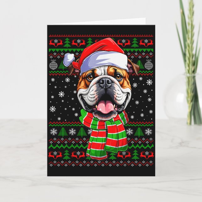 Bulldog Christmas Ugly Sweater Funny Santa Hat Dog Kort (Framsida)