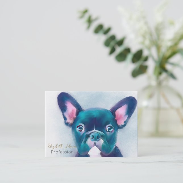 Bulldog Design för Cute Teal Rosa Fransk Visitkort (Stående Fram)