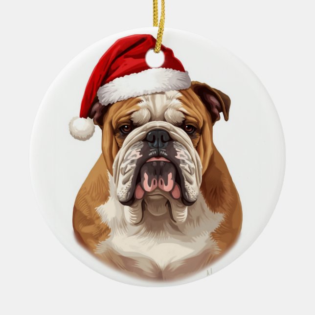 Bulldog Dog Santa Hat Merry Christmas Art Julgransprydnad Keramik (Framsidan)