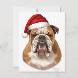 Bulldog Dog Santa Hat Merry Christmas Art Julkort