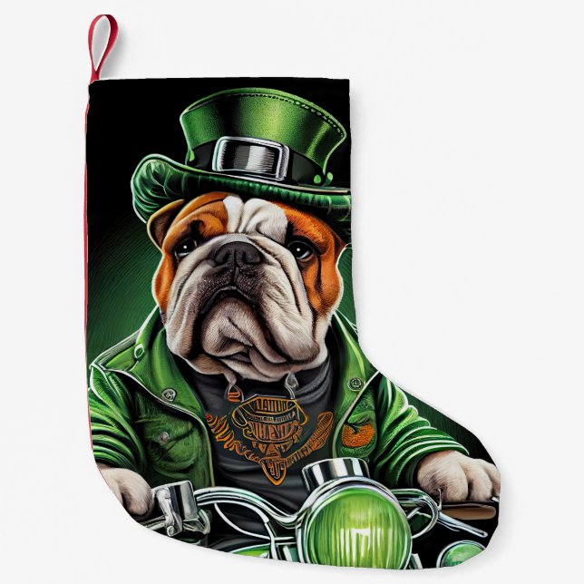 Bulldog Driving Bike St. Patrick's Day Liten Julstrumpa (Framsidan)