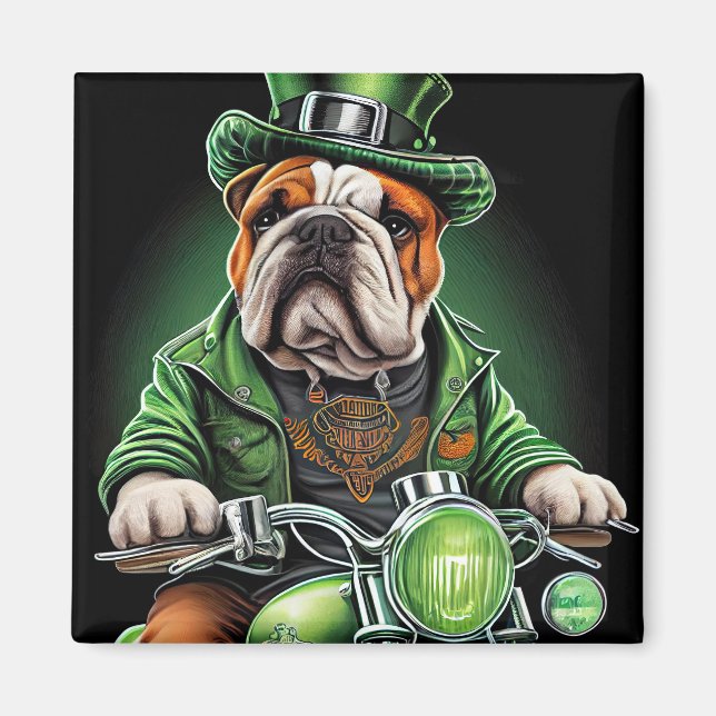 Bulldog Driving Bike St. Patrick's Day Magnet (Framsidan)