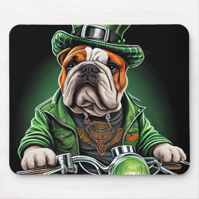Bulldog Driving Bike St. Patrick's Day Musmatta (Framsidan)