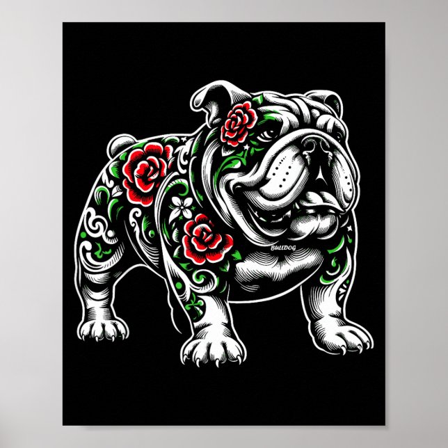 Bulldog Floral Red Rose Mens Womens  Poster (Framsidan)