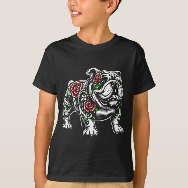 Bulldog Floral Red Rose Mens Womens  T Shirt (Framsida)