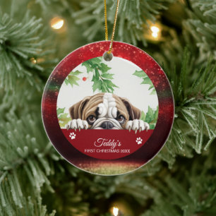 Bulldog Första julen Personlig julgran Julgransprydnad Keramik