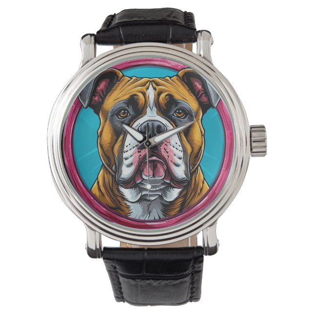 Bulldog framad i en cirkulär dekorativ design armbandsur (Framsida)