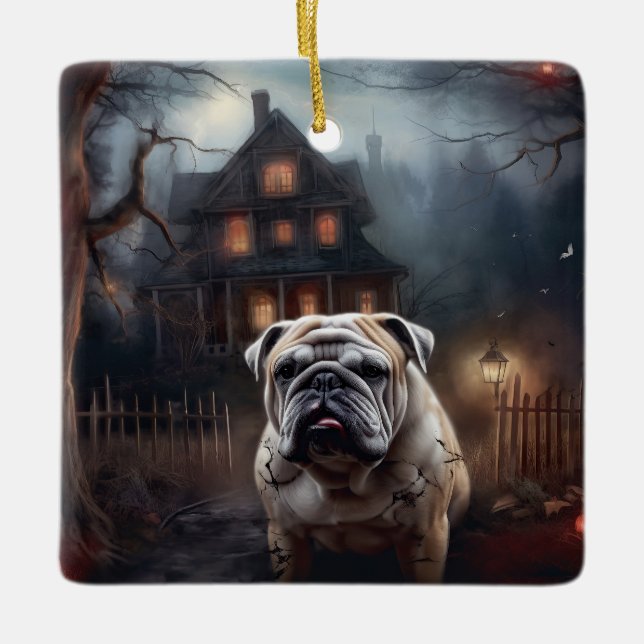 Bulldog Halloween Scary Julgransprydnad Keramik (Framsida)