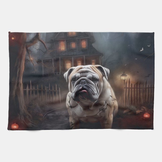 Bulldog Halloween Scary Kökshandduk (Horisontell)