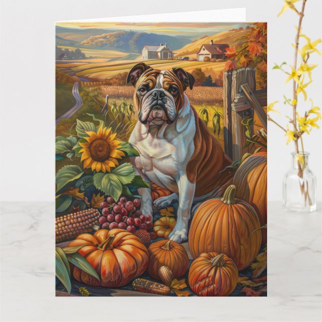 Bulldog Höstskörd Thanksgiving Kort (Gul blomma)
