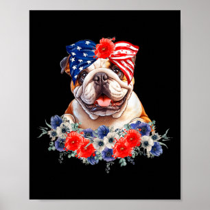 Bulldog Hund Bandana American Flagga 4 juli Poster