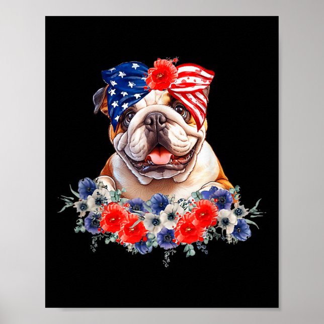 Bulldog Hund Bandana American Flagga 4 juli Poster (Framsidan)