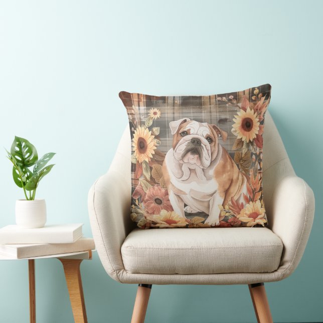Bulldog Hund Fall Vattenfärg Blommor Kudde (Stol)