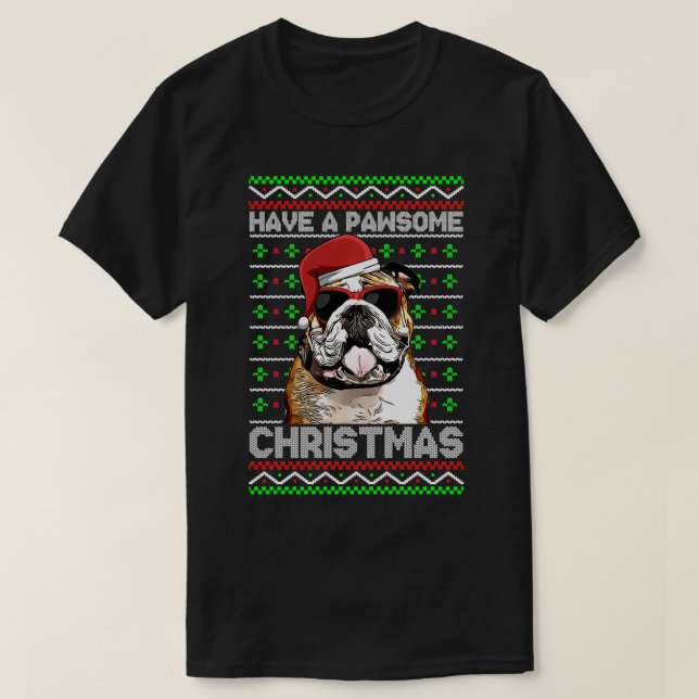 Bulldog Hund Funny Pawsome jul  T Shirt (Design framsida)