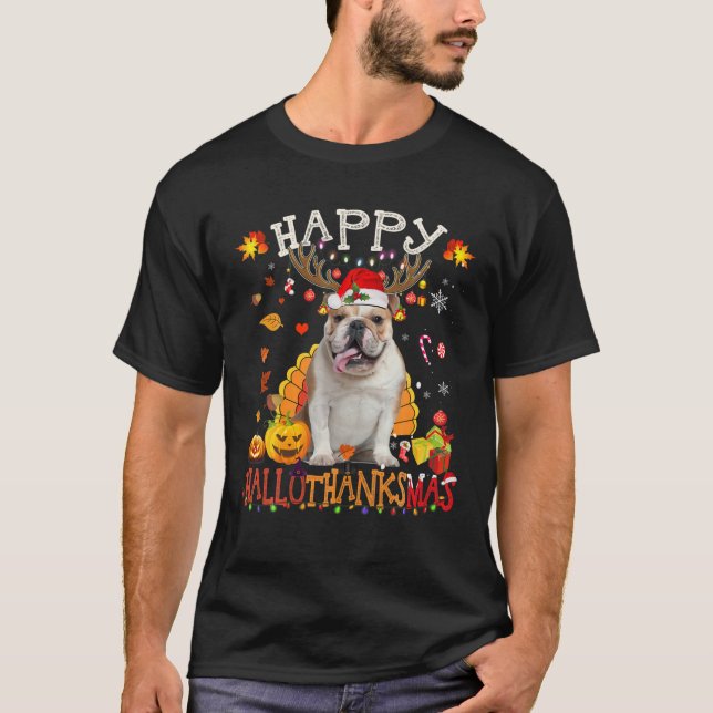 Bulldog Hund Hallothanksmas Halloween Thanksg T Shirt (Framsida)
