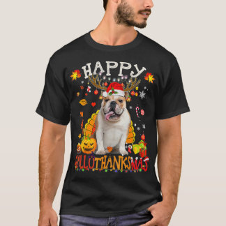 Bulldog Hund Lycklig Hallothanksmas Halloween Jula T Shirt