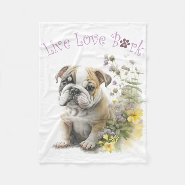 Bulldog Hund Mamma Blommigt Fleecefilt (Framsidan)