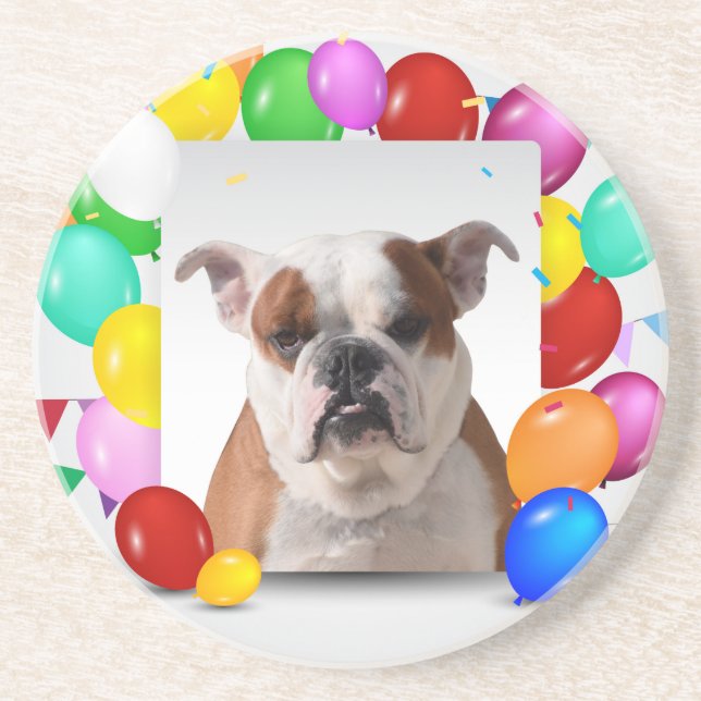 Bulldog Hund med färgglada ballonger Födelsedagste Underlägg Sandsten (Framsidan)