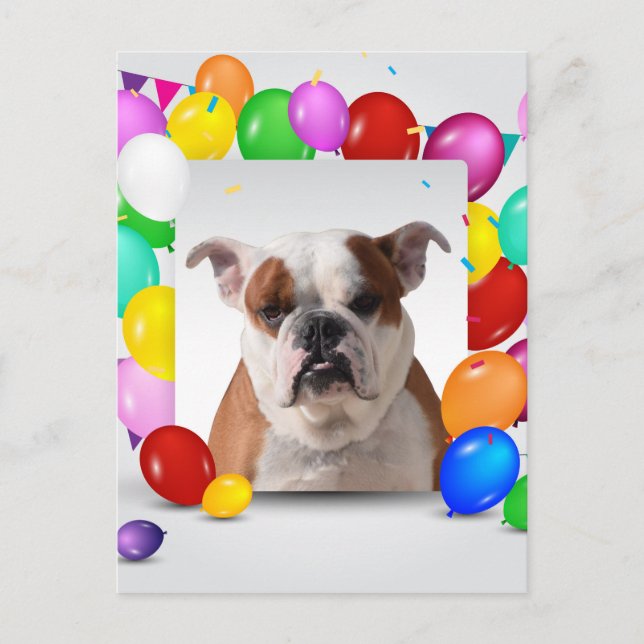 Bulldog Hund med färgglada ballonger Födelsedagste Vykort (Framsida)