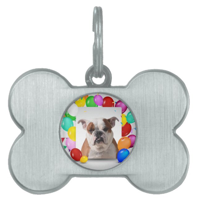 Bulldog-Hund med färgstarka bubblor Födelsedagstem ID-bricka Husdjur (Framsidan)