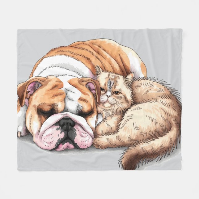 Bulldog Hund och Cat Fleece Blanket Kärlek Cuddle (Framsidan (Horisontell))