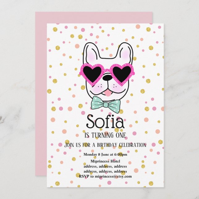 Bulldog, hund, pet födelsedagsfest inbjudan (Fram/baksida)