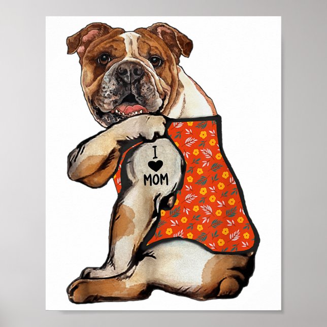 Bulldog Hund Tattoo I Kärlek Mamma Flower Mors dag Poster (Framsidan)