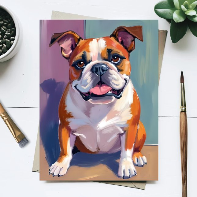 Bulldog Husdjur Målning Nyckfull Akvarell Hund Vykort (Skapare uppladdad)