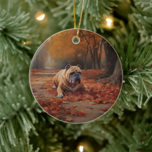 Bulldog i Höst löv Fall Inspire Julgransprydnad Keramik