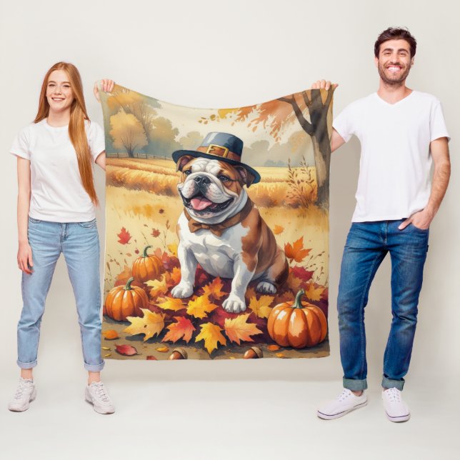 Bulldog i höstlöv tackgivandekonst fleecefilt (På plats)