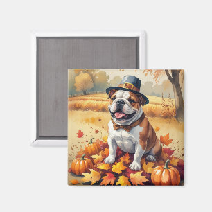 Bulldog i höstlöv tackgivandekonst magnet