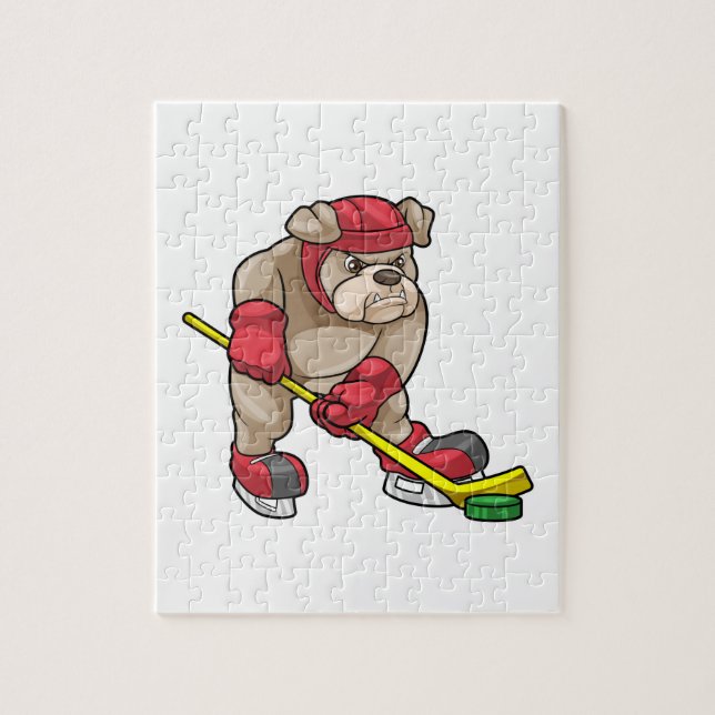 Bulldog i Ice hockey med Hockey stick Pussel (Vertikal)