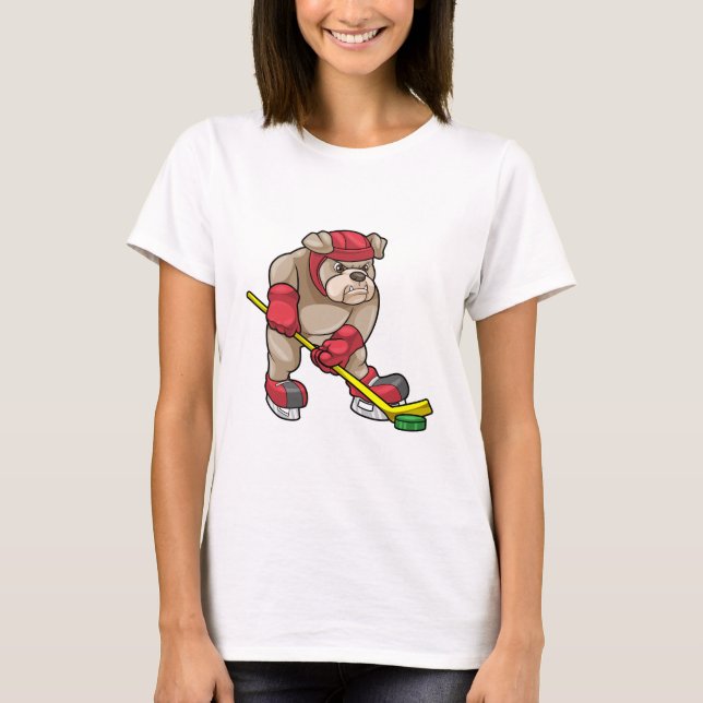 Bulldog i Ice hockey med Hockey stick T Shirt (Framsida)