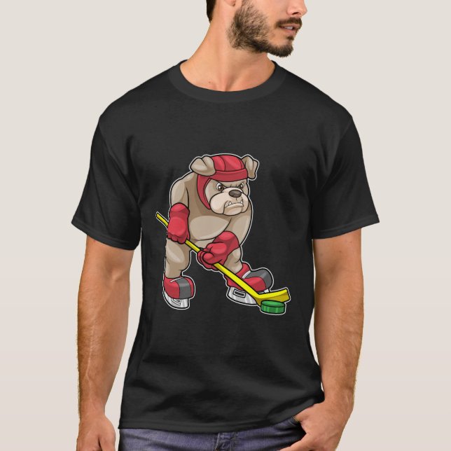Bulldog i Ice hockey med Hockey stick T Shirt (Framsida)