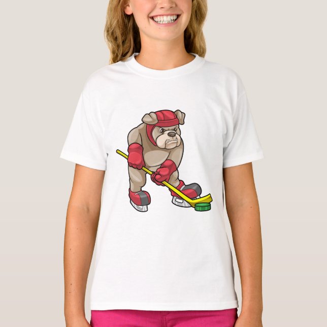 Bulldog i Ice hockey med Hockey stick T Shirt (Framsida)