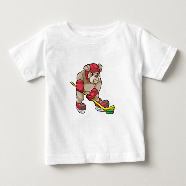 Bulldog i Ice hockey med Hockey stick T Shirt (Framsida)