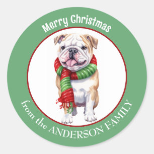 Bulldog i Red and Grönt jul Scarf Runt Klistermärke