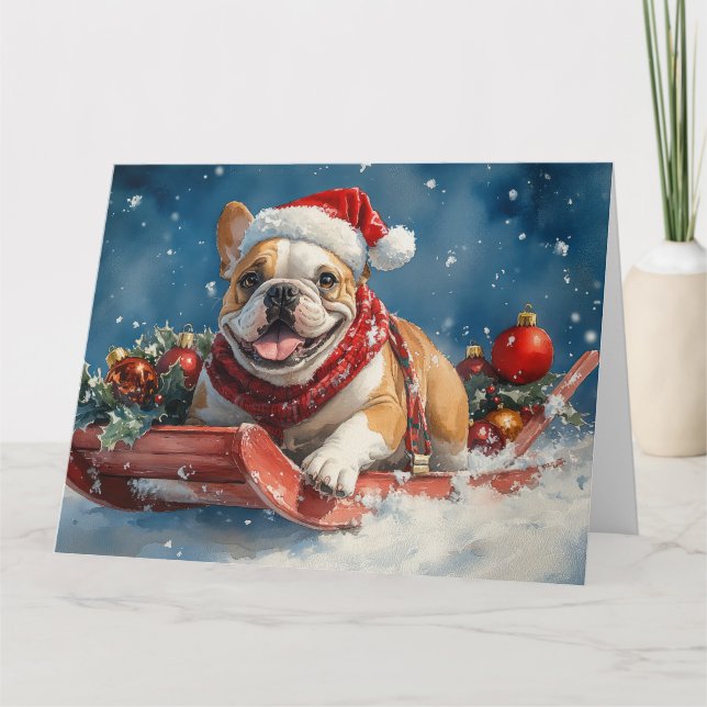 Bulldog i släde Låt det snöa jul Kort (Framsida)