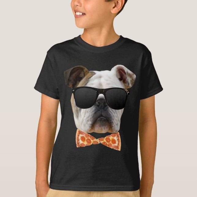 Bulldog i Sunglasses och Pizza Bow Tie T Shirt (Framsida)