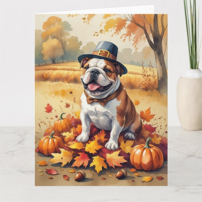 Bulldog in Höst löv Thanksgiving Art Kort (Framsida)