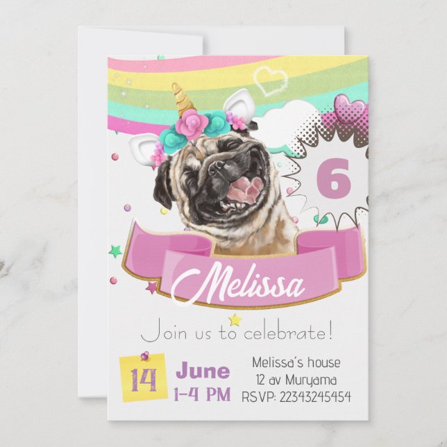 Bulldog-inbjudan, Pug Unicorn Puppy Hund Birthday Inbjudningar (Framsida)