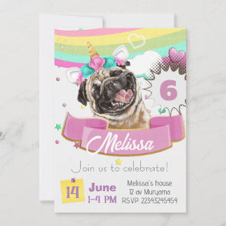 Bulldog-inbjudan, Pug Unicorn Puppy Hund Birthday Inbjudningar