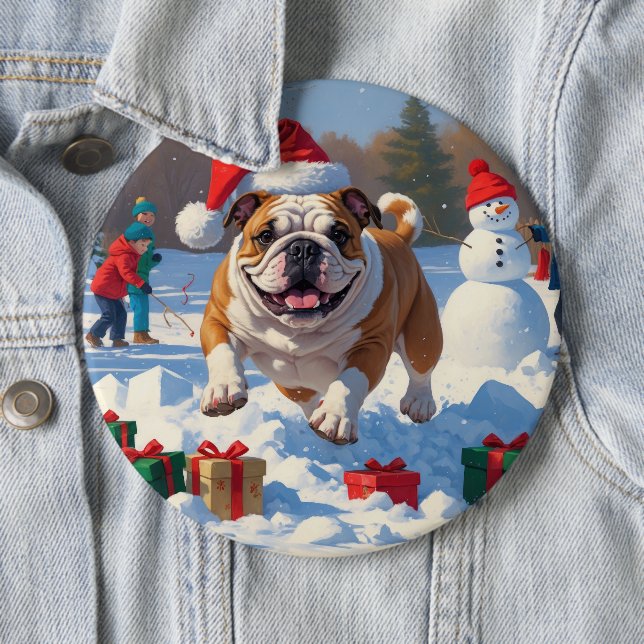 Bulldog Jul Festiv Snö Scen Knapp (In Situ)