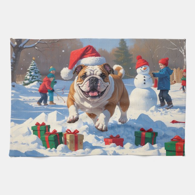 Bulldog Jul Festiv Snö Scen Kökshandduk (Horisontell)