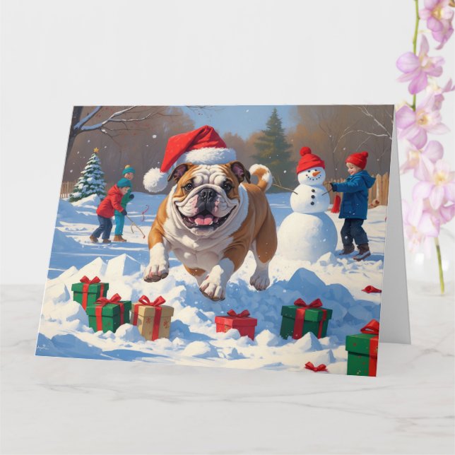 Bulldog Jul Festiv Snö Scen Kort (Orkide)