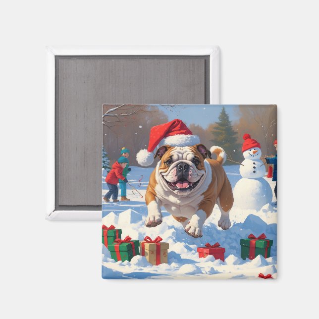 Bulldog Jul Festiv Snö Scen Magnet (Front/Back)