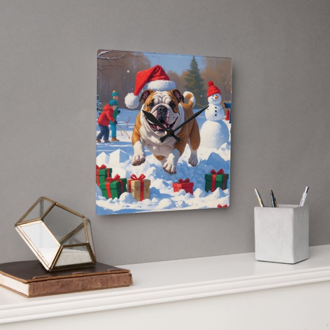 Bulldog Jul Festive Snö Scene Fyrkantig Klocka (Kontor)