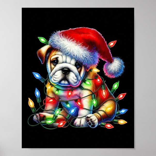 Bulldog jul Ljus Santa Hat Hund älskare Poster (Framsidan)