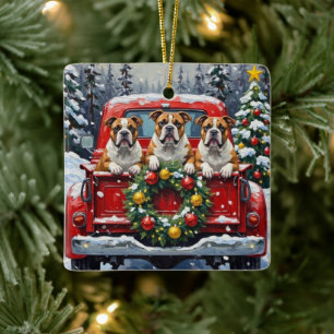Bulldog Jul Röd Lastbil Holiday Julgransprydnad Keramik